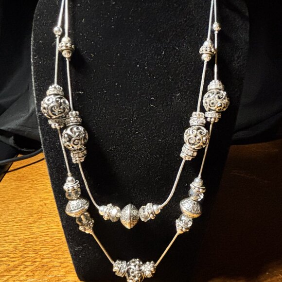 Bella Silver-Tone Double Strand Necklace – Ornate Filigree Beads – Adjustable - Picture 2 of 4